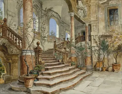 Мраморная лестница в Палаццо Бонагия в Палермо by Алойс Шённ, 1878 — digital art print download