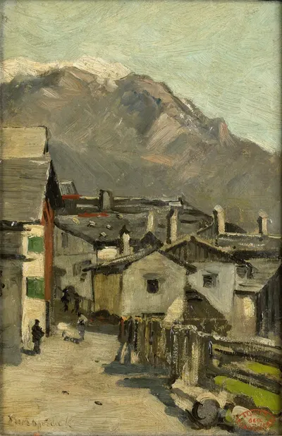 Дома вдоль дороги у горы by Гео Поггенбек, c. 1882 — digital art print download