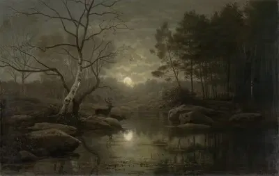Лесной пейзаж при лунном свете by Георг Эдуард Отто Заал, 1861 — digital art print download