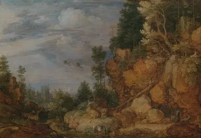 Скалистый пейзаж с оленями и козами by Гиллис Клаэсз. де Хондекотер, 1620 — digital art print download