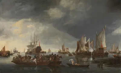 Порт с парусниками и паромом by Хендрик Якобсз. Дуббелс, 1650 - 1675 — digital art print download