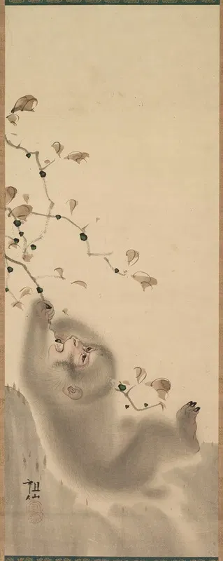 Monkey Hanging on to a Branch by Mori Sosen, 1780 — digital art print download