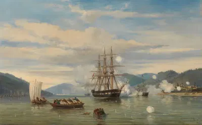 Броненосец HMS Медуза с паровым двигателем открывает пролив Симонoseки by Якоб Эдуард ван Хемскерк ван Беест, 1864 —…