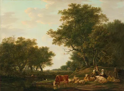 Landscape with Peasants with their Cattle and Anglers on the Water by Jacob van Strij, 1800 - 1810 — digital art print…