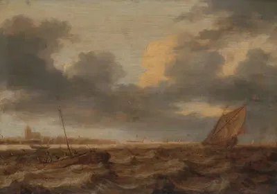 Рыболовные лодки в бурном море by Ян Порселлис, c. 1630 — digital art print download