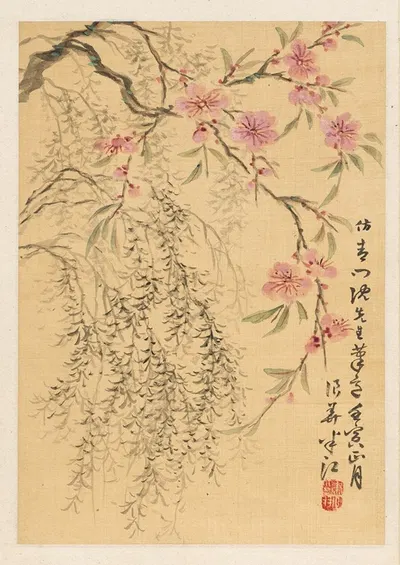 Peach Blossoms and Willows by Окада Ханко, 1842 — digital art print download