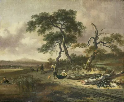 Пейзаж с разносчиком и женщиной, отдыхающей by Ян Вийнантс, 1669 — digital art print download