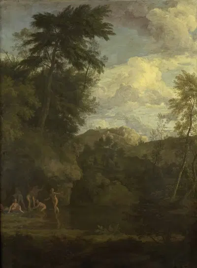 Аркадийский пейзаж с Дианой, купающейся by Иоганнес Глаубер, 1680 - 1726 — digital art print download