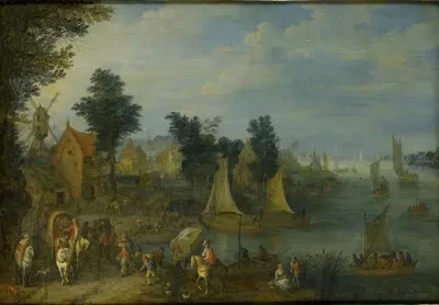 Village on the Bank of a River by Joseph van Bredael, 1723 — digital art print download
