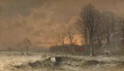 Зимняя сцена с заходящим солнцем за деревьями by Луи Аполь, 1880 - 1930 — digital art print download