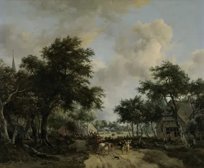 Wooded Landscape with Merrymakers in a Cart by Meindert Hobbema, c. 1665 — digital art print download