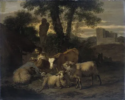 Итальянский пейзаж с пастушкой и стадами by Симон ван дер Дос, 1708 — digital art print download