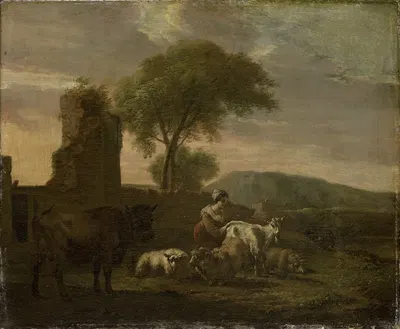 Итальянский пейзаж с пастушкой и стадами by Симон ван дер Дос, 1712 — digital art print download