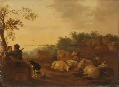 Landscape with sheperd, sheperdess and cattle by Willem Ossenbeeck, c. 1632 — digital art print download