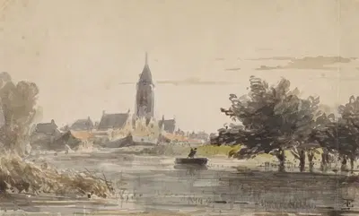 Вид на городок, видимый с другой стороны реки by Адрианус Эверсен, 1828 - 1897 — digital art print download