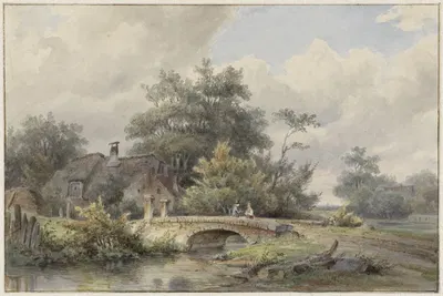 Пейзаж с каменным мостом у дома by Баренд Корнелис Кёккёк, 1813 - 1862 — digital art print download