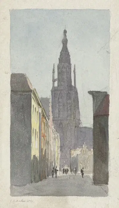 Straatgezicht met doorkijk op de Grote Kerk te Breda by Carel Jacobus Behr, 1832 — digital art print download