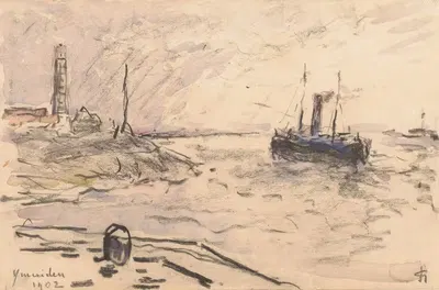Gezicht op de kust van IJmuiden met vuurtoren en schip by Carel Nicolaas Storm van 's-Gravesande, 1902 — digital art print…