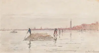Gezicht op Venetië vanaf het water, met op de voorgrond in het water een houten vlot by Carel Nicolaas Storm van…
