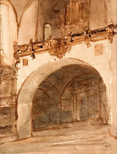 Wnętrze kościoła. Widok na kruchtę i chór muzyczny by Stanisław Noakowski, 1923 — digital art print download