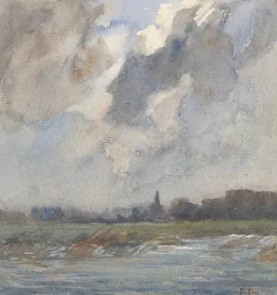 Речной пейзаж с церковной башней во время шторма by Франс Смиссерт, 1872 - 1944 — digital art print download