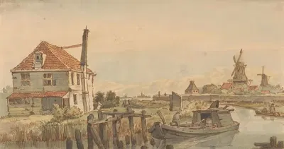Путешествие на лодке, дом и две мельницы by Джордж Питер Вестенберг, 1801 - 1873 — digital art print download