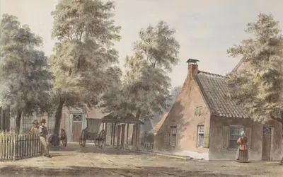 Dorpsgezicht met links twee mannen leunend tegen een hekwerk by Hendrik Abraham Klinkhamer, 1820 - 1872 — digital art print…