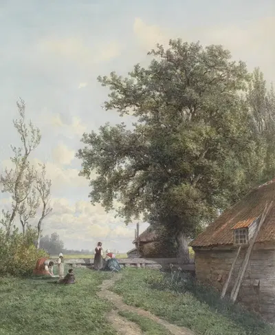 Фермерский двор с несколькими фигурами, справа сарай и большое дерево by Хендрик Дирк Круземан ван Эльтен, 1839 - 1904 —…