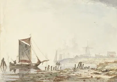 Судна на реке у берега by Хендрик Геррит тен Кат, 1813 - 1856 — digital art print download