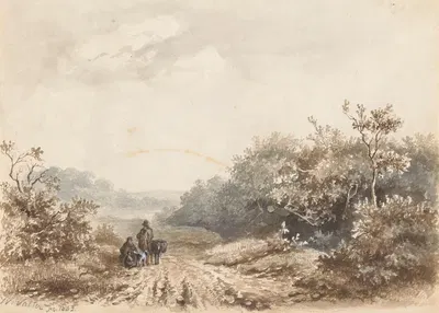 Пейзаж с семьей, овцой и собакой by Хендрик Валькенбург, 1842 — digital art print download