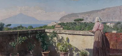Femme sur la terrasse de l'hôtel Cocumella. Vue sur le Vésuve by Henry Brokman, 1897 — digital art print download