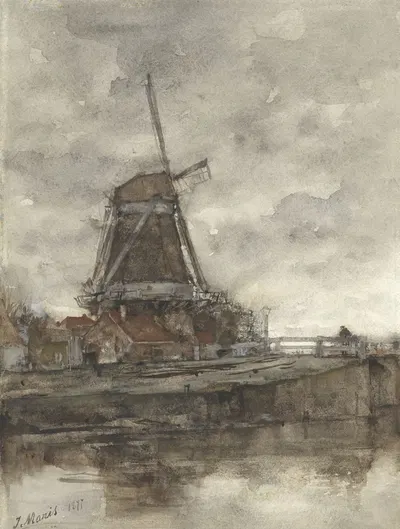 Molen en de brug bij de Noord-West-Buitensingel in Den Haag by Jacob Maris, 1877 — digital art print download