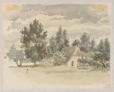 Пейзаж с фермерским домом, окруженным деревьями by Ян Стрининг, 1866 — digital art print download