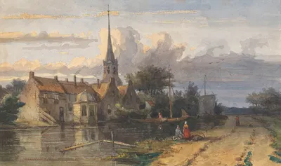 Gezicht op een dorp aan een vaart by Jan Weissenbruch, 1832 - 1880 — digital art print download