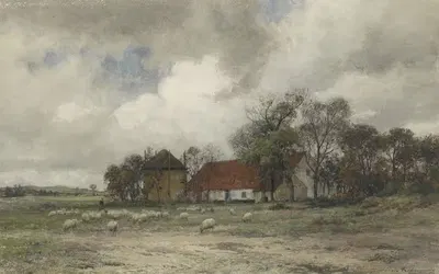 Пейзаж с фермой и пастухом с овцами by Юлий Яковус ван де Санд Бахуйзен, 1872 — digital art print download