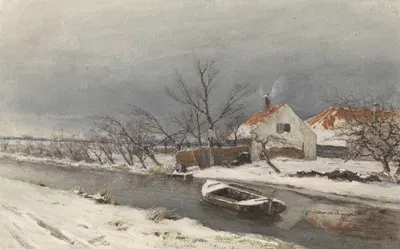 Winterlandschap met huizen aan een vaart by Louis Apol, 1874 — digital art print download