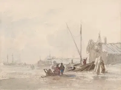 Вид на пляж с рыбаками у лодки на переднем плане by Луис Мейер, 1819 - 1866 — digital art print download
