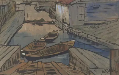 Bootjes in een sloot tussen schuren by Maurits van der Valk, 1867 - 1935 — digital art print download