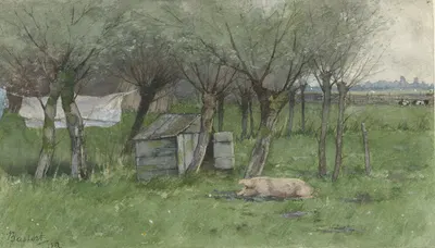 Boerenerf met liggend varken by Nicolaas Bastert, 1882 — digital art print download