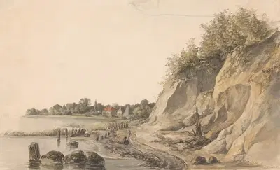 Скалистый берег реки, на фоне несколько домов by Петрус Иоганнес Шотель, 1818 - 1865 — digital art print download