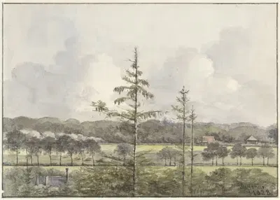 Vergezicht van weilanden met boerderijen by Pieter Ernst Hendrik Praetorius, 1828 — digital art print download