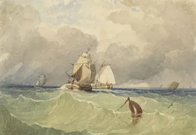 Driemasters en tjalk zeilend in volle zee by Thomas Sewell Robins, 1830 - 1880 — digital art print download