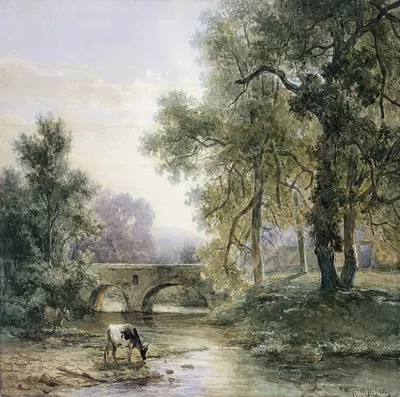 Богатый пейзаж с каменным мостом через реку by Виллем Роэлофс, 1852 — digital art print download