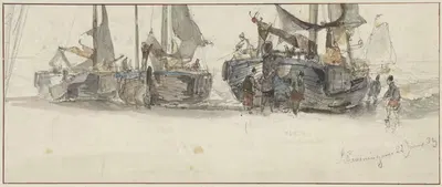Рыбацкие лодки на пляже в Схевенингене by Виллем Роэлофс, 1839 — digital art print download