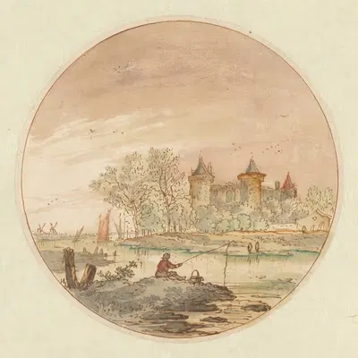 Пейзаж с рыболовом и замком by Эрноут Тер Химпел, 1644 - 1686 — digital art print download