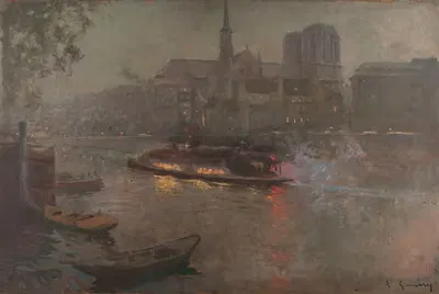Bateau-Mouche sur la Seine, le soir, devant Notre-Dame by Adolphe-Ernest Gumery, 1890 — digital art print download