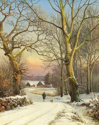 Vinterdag i skoven, Nordsjælland. En mand lufter hunden by Anders Andersen-Lundby, 1874 — digital art print download