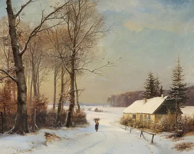 Vinterlandskab med kone på en landevej ud for et hus by Anders Andersen-Lundby, 1871 — digital art print download