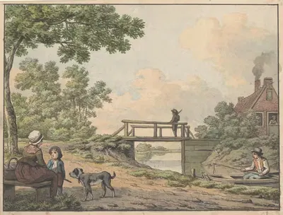 Landschap met figuren en een bruggetje bij een boerenwoning by Anthony Andriessen, 1756 - 1813 — digital art print download