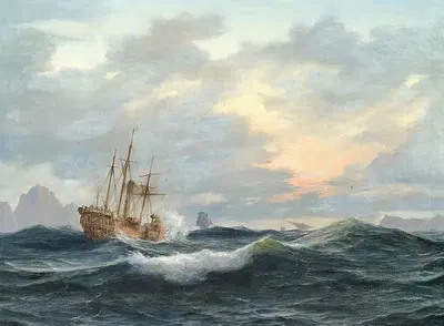 Колесный пароход и другие корабли на море by Антон Мельбе, 1845 — digital art print download